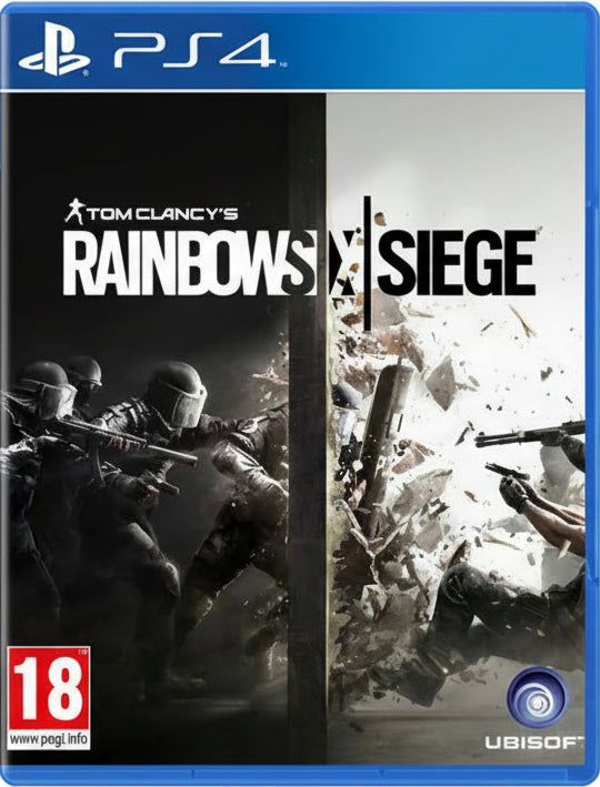 Tom Clancy's Rainbow Six Siege game cover for PS4 with action scenes and Ubisoft logo.