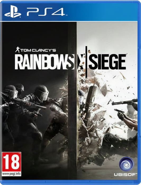 Tom Clancy's Rainbow Six Siege game cover for PS4 with action scenes and Ubisoft logo.