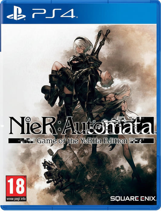 Game cover of 'NieR: Automata' for PS4 with a character illustration and Square Enix logo.
