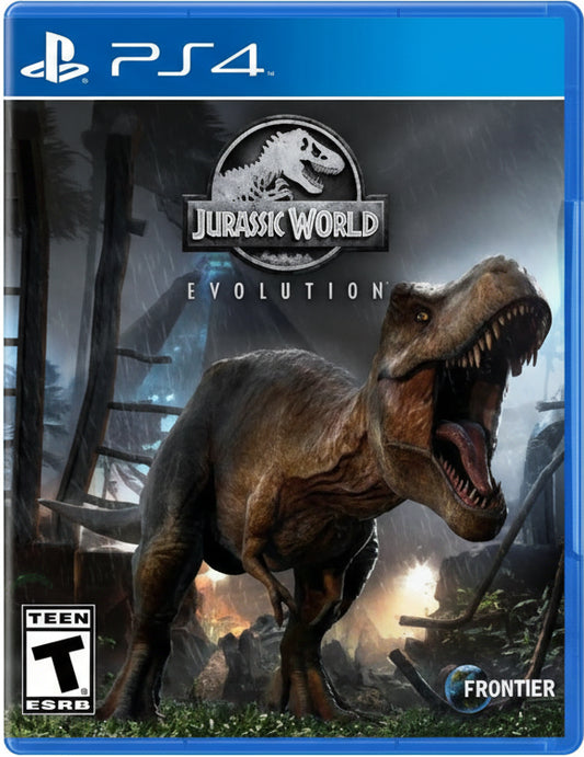 Game cover for 'Jurassic World Evolution' on PS4 with a T-Rex and game title.