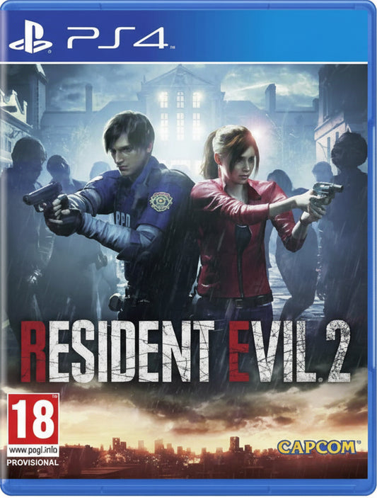 Game cover for 'Resident Evil 2' on PS4 with two characters holding guns and a cityscape in the background.