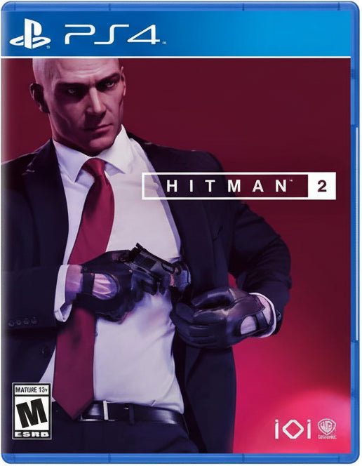 Game cover of 'Hitman 2' for PS4 with a character holding gloves against a red background.