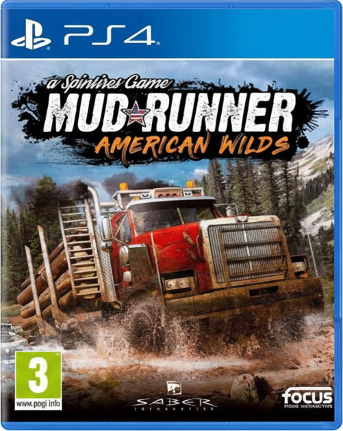 Game cover for 'MudRunner American Wilds' by Slightly Mad Studios on PS4 with a truck in a forest setting.