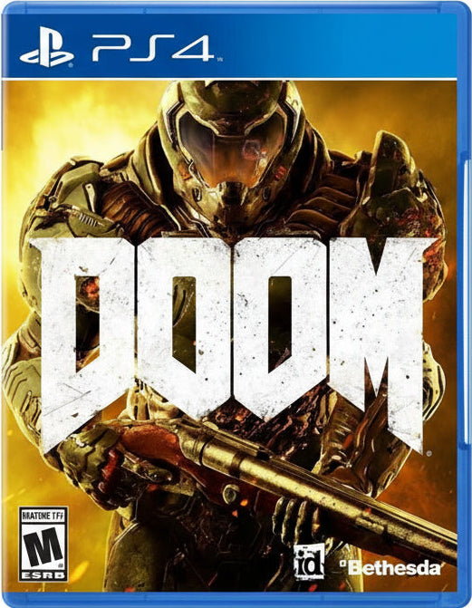 Doom game cover for PS4 with a character holding a weapon and the Bethesda logo.