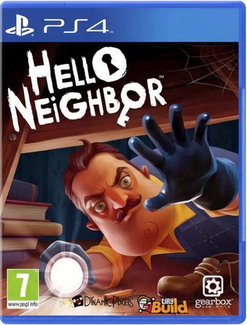 Game cover of 'Hello Neighbor' for PS4 with a character reaching out and a glove.
