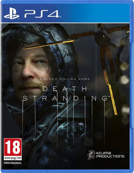Game cover for 'Death Stranding' by Kojima Productions on PS4 with a dark theme and character image.