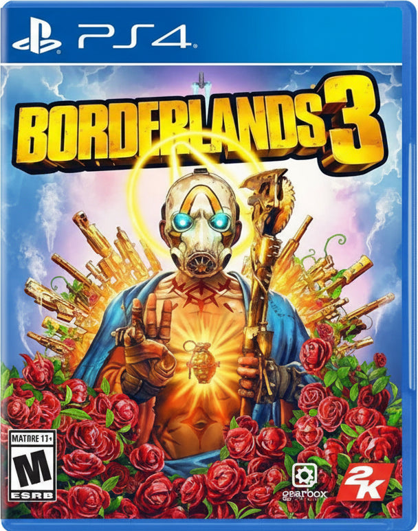 Game cover for 'Borderlands 3' on PS4 with a character holding guns and surrounded by roses.