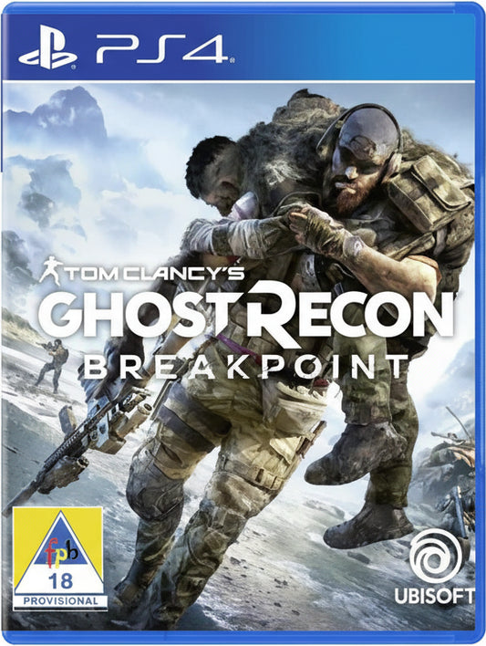 Game cover of 'Ghost Recon Breakpoint' for PS4 with two soldiers in action.