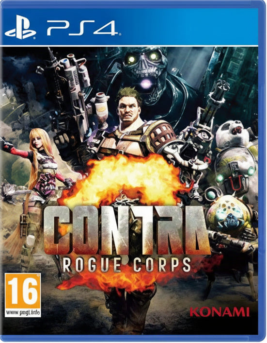 Game cover for 'Contra: Rogue Corps' on PS4 with characters and Konami logo.