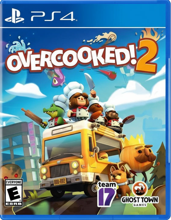 Game cover of 'Overcooked! 2' for PS4 with characters on a bus and colorful text.