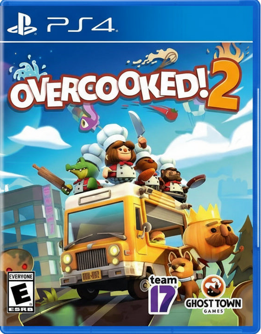 Game cover of 'Overcooked! 2' for PS4 with characters on a bus and colorful text.