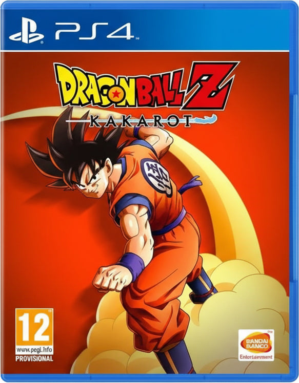 Dragon Ball Z Kakarot game cover for PS4 with character in orange outfit on red background