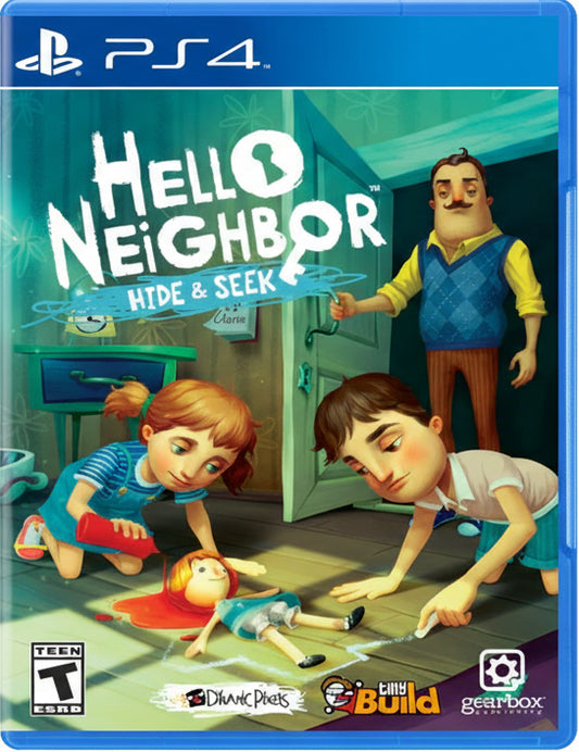 Game box for 'Hello Neighbor: Hide & Seek' on PS4 with characters and text.