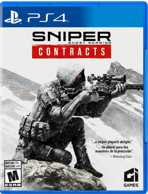 Game cover of 'Sniper Ghost Warrior Contracts' for PS4 with a sniper in a mountainous landscape.