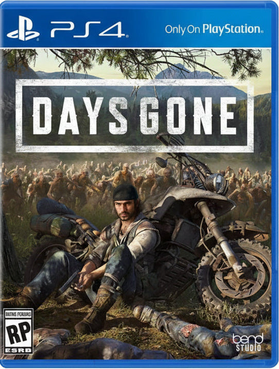 Game cover of 'Days Gone' for PlayStation 4 with a character sitting on a motorcycle and a horde of zombies in the background.