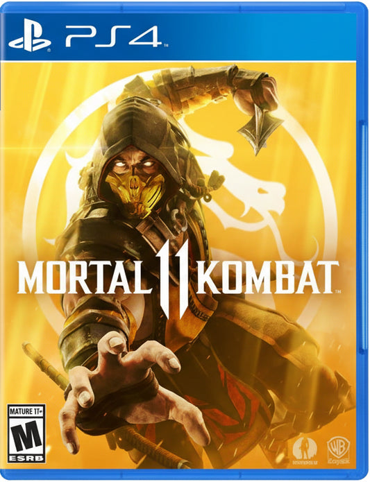 Mortal Kombat 11 game cover for PS4 with character holding a weapon on a yellow background