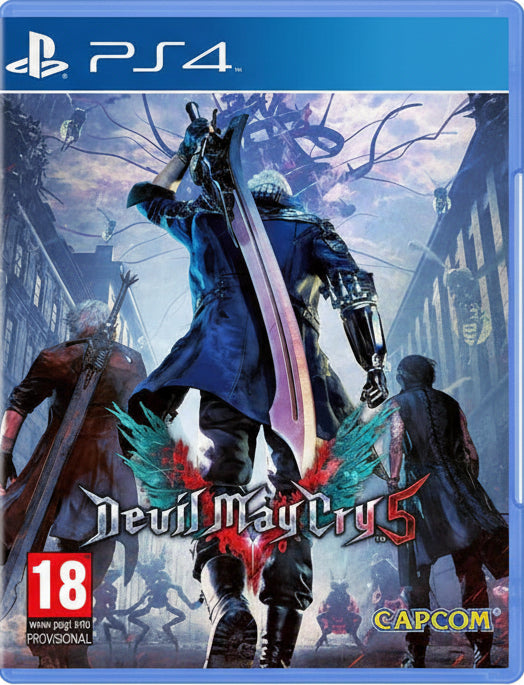 Game cover for 'Devil May Cry 5' on PS4 with characters holding swords in an urban setting.