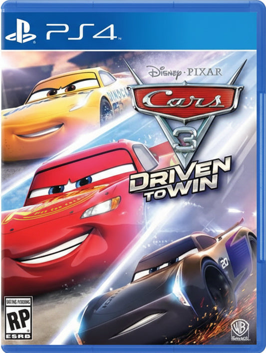 Cover of 'Cars 3: Driven to Win' game for PS4 with Disney Pixar branding.