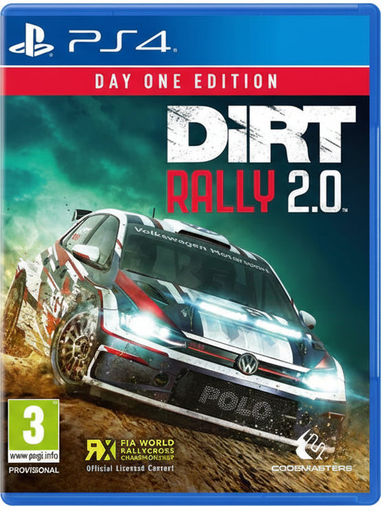 Game cover of 'Dirt Rally 2.0' for PS4 Day One Edition with a racing car on a dirt track.