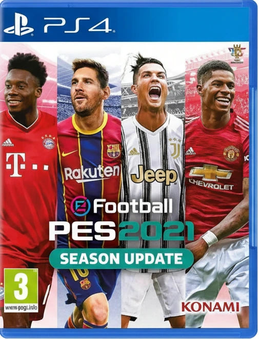 eFootball PES 2021 Season Update cover featuring four soccer players and PS4 branding.