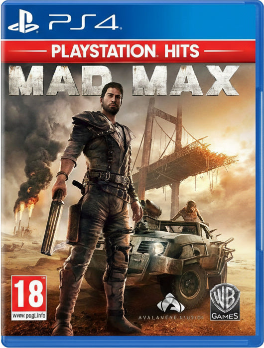 PlayStation Hits Mad Max game cover with a character holding a gun and a destroyed vehicle.