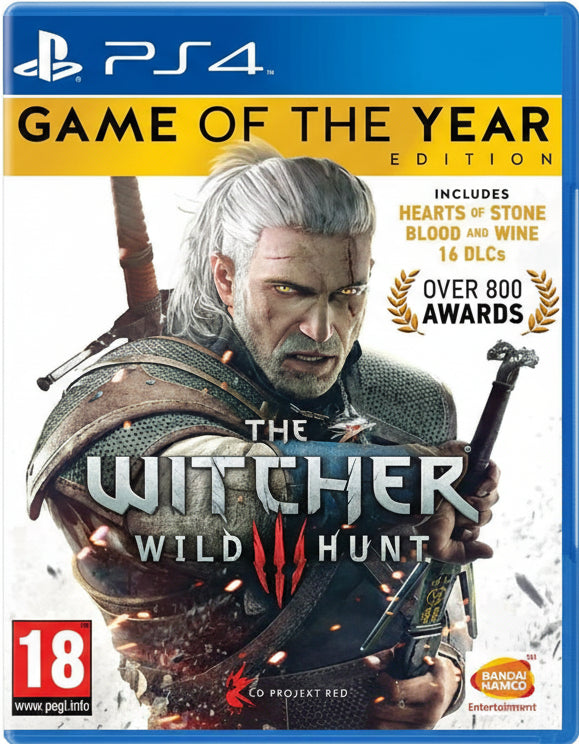 Game of the Year edition cover of 'The Witcher 3: Wild Hunt' for PS4 with Geralt holding a sword.