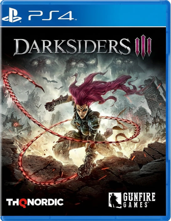 Game cover of 'Darksiders III' for PS4 with a character and red energy effect.