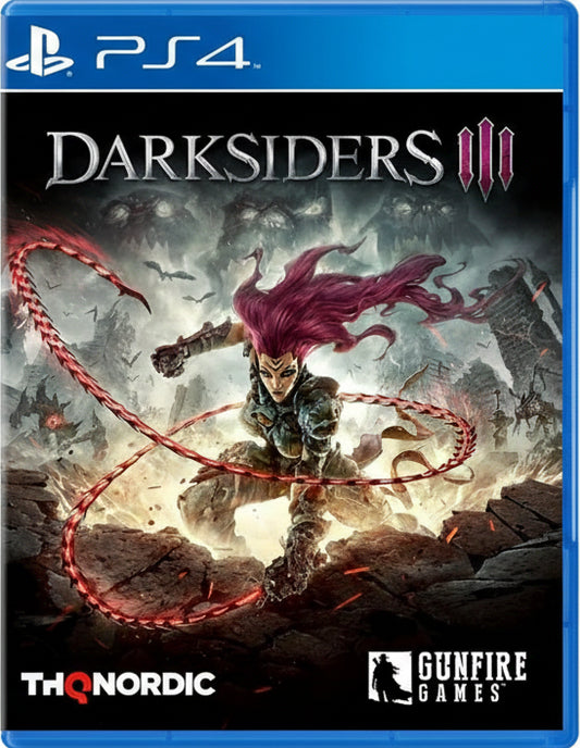Game cover of 'Darksiders III' for PS4 with a character and red energy effect.