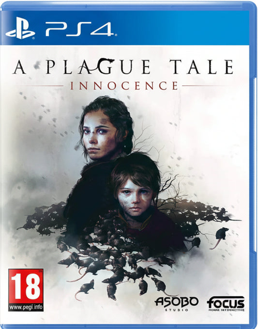 Game cover of 'A Plague Tale: Innocence' for PS4 with two characters and a mouse.