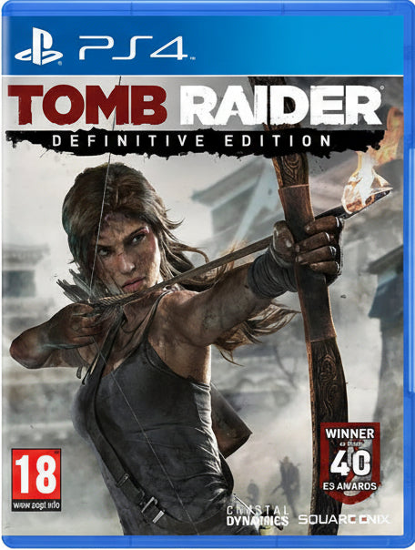 Game cover of 'Tomb Raider: Definitive Edition' for PS4 with Lara Croft holding a torch.
