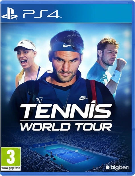 Cover of 'Tennis World Tour' game for PS4 featuring three tennis players and a tennis court.
