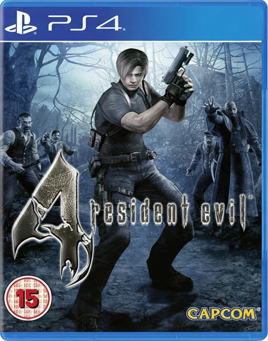 Game cover for 'Resident Evil 4' on PS4 with a character holding a gun in a forest setting.