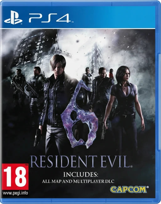 Resident Evil 6 game cover for PS4 with characters and '6' logo.