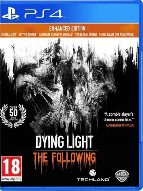 Game cover of 'Dying Light: The Following' for PS4 with zombie graphics and text.