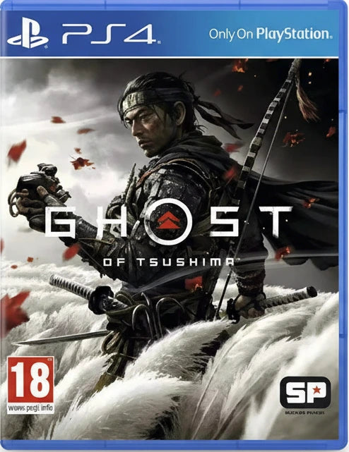 Game cover of 'Ghost of Tsushima' for PS4 with a warrior holding a sword on a snowy background.