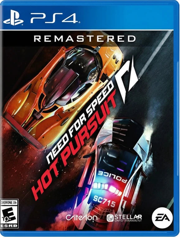 Game cover of 'Need for Speed Hot Pursuit Remastered' for PS4 with two racing cars on a dark background.