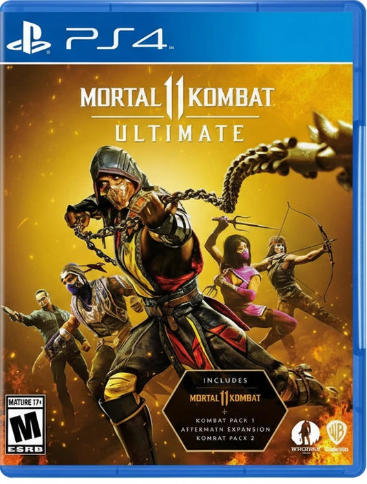 Mortal Kombat 11 Ultimate game case with characters on a yellow and blue background
