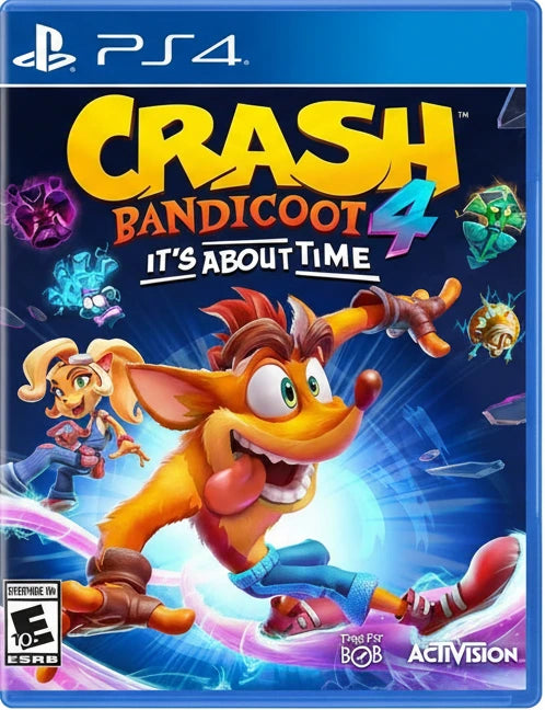 Game cover of 'Crash Bandicoot 4: It's About Time' for PS4 with colorful graphics and character illustration.