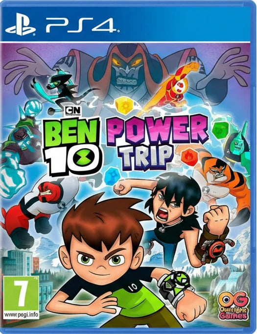 Ben 10 Power Trip game cover for PS4 with characters and logo.