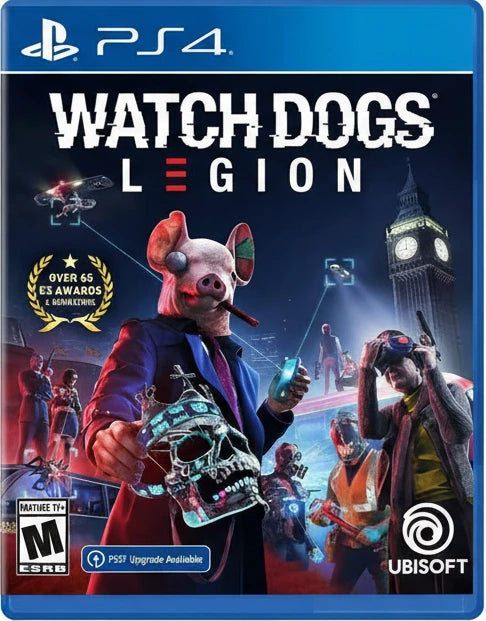 Game cover for 'Watch Dogs Legion' on PS4 with characters and cityscape background.