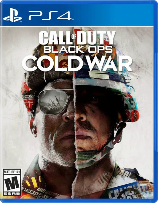 Game cover for 'Call of Duty: Black Ops Cold War' on PS4 with two characters split face-to-face.