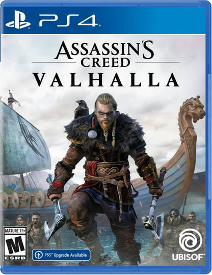 Assassin's Creed Valhalla game cover with character and Viking ships on a blue background