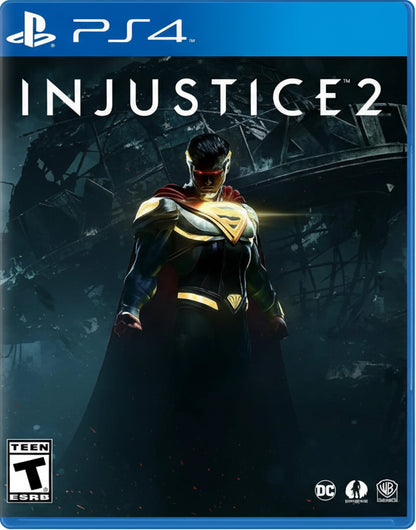 Game cover for 'Injustice 2' on PS4 with a superhero character in front of a dark background.
