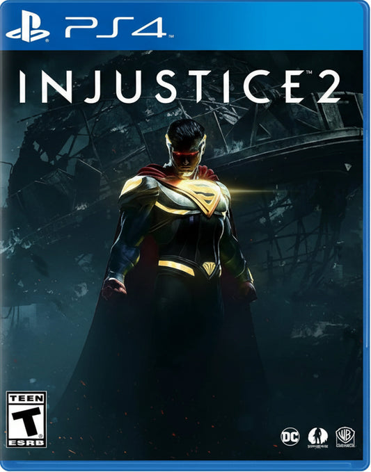 Game cover for 'Injustice 2' on PS4 with a superhero character in front of a dark background.