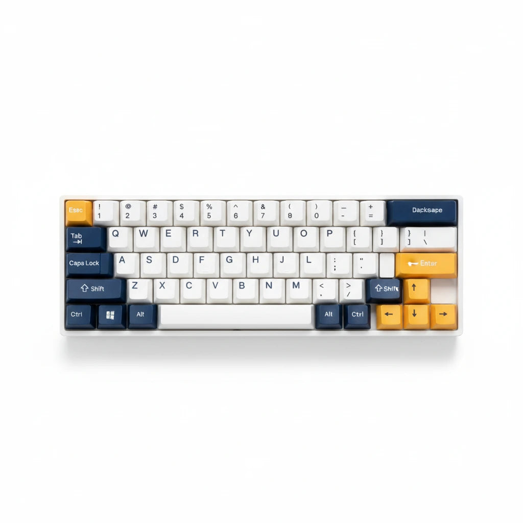 Mechanical keyboard with blue and white keycaps on a white background