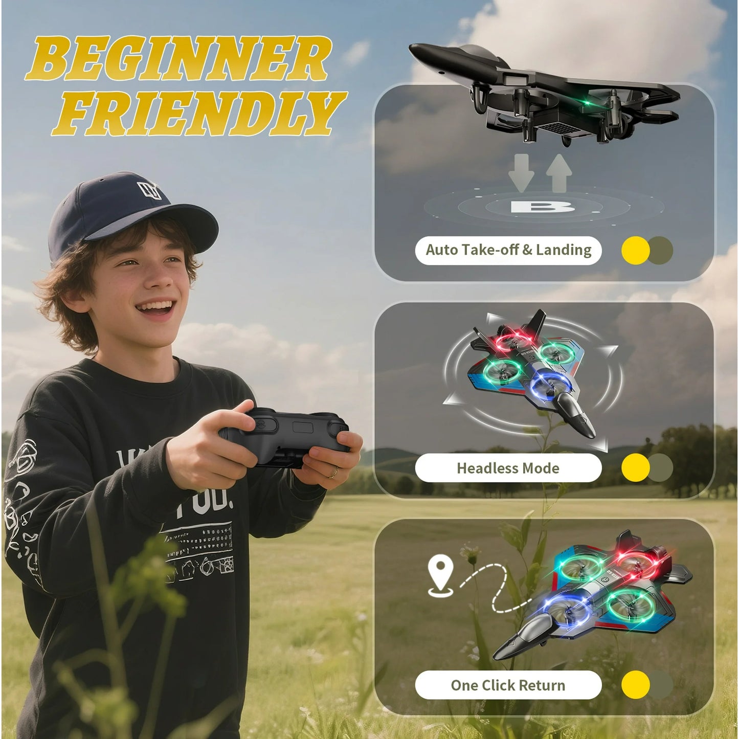 Foam Drone RC Airplane for Kids and Beginners, Remote Control Plane Fighter Jet with Light, Auto Hovering, 360° Flip and 2 Batteries (15 Mins)