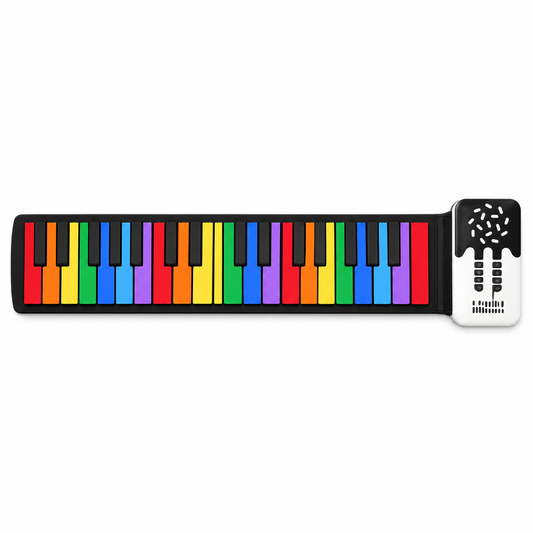 Rainbow 49-key portable roll-up piano with control panel.