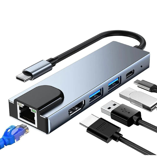 Multi-port USB hub with various connectors on a white background