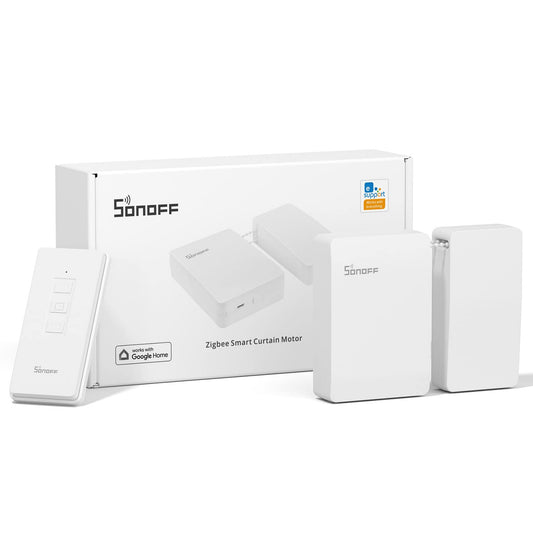 Sonoff Zigbee Smart Curtain Motor packaging with additional Sonoff devices on a white background