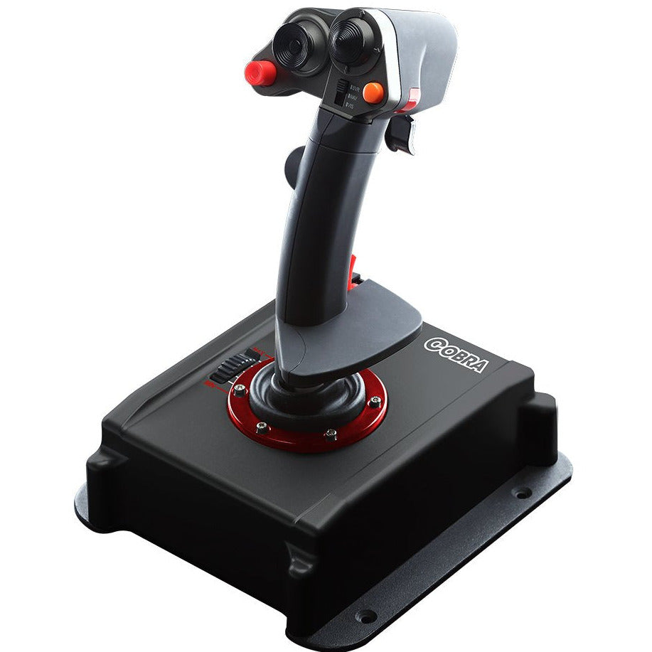 Joystick controller with red accents on a white background